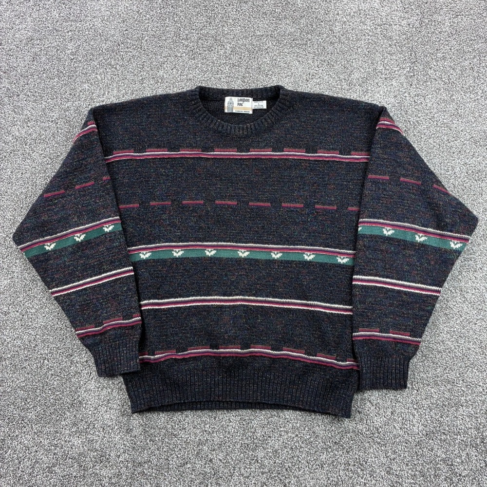 Vintage London Fog Sweater Mens Large Black‎ Striped Geometric Knit Pullover